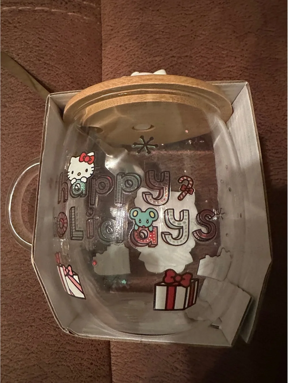Hello Kitty Christmas Holiday Glass Mug with Wood Lid Topper & Spoon - 17 oz NIB